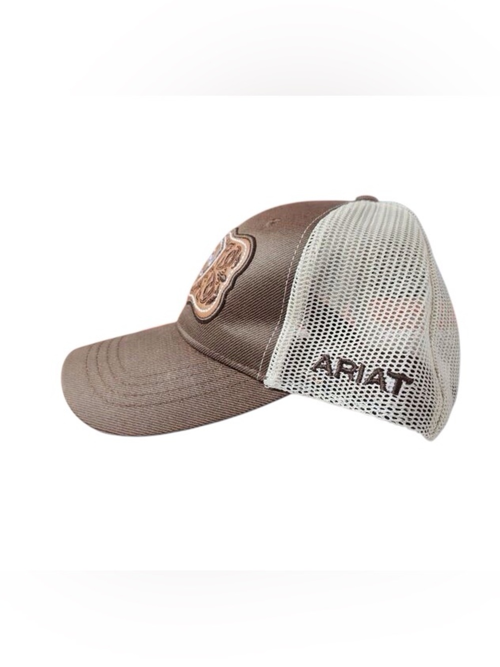 NWOT Ariat Brown Mesh Trucker Hat Leather Patch Snapback Cap Unisex - Picture 4 of 6
